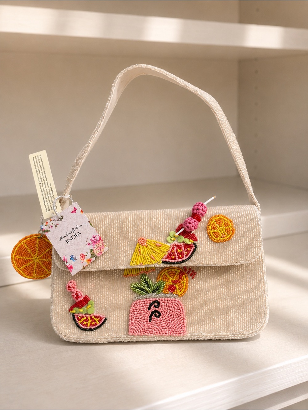 Handcrafted in India Beaded Citrus Cocktail Shoulder Bag 🍊🍹✨